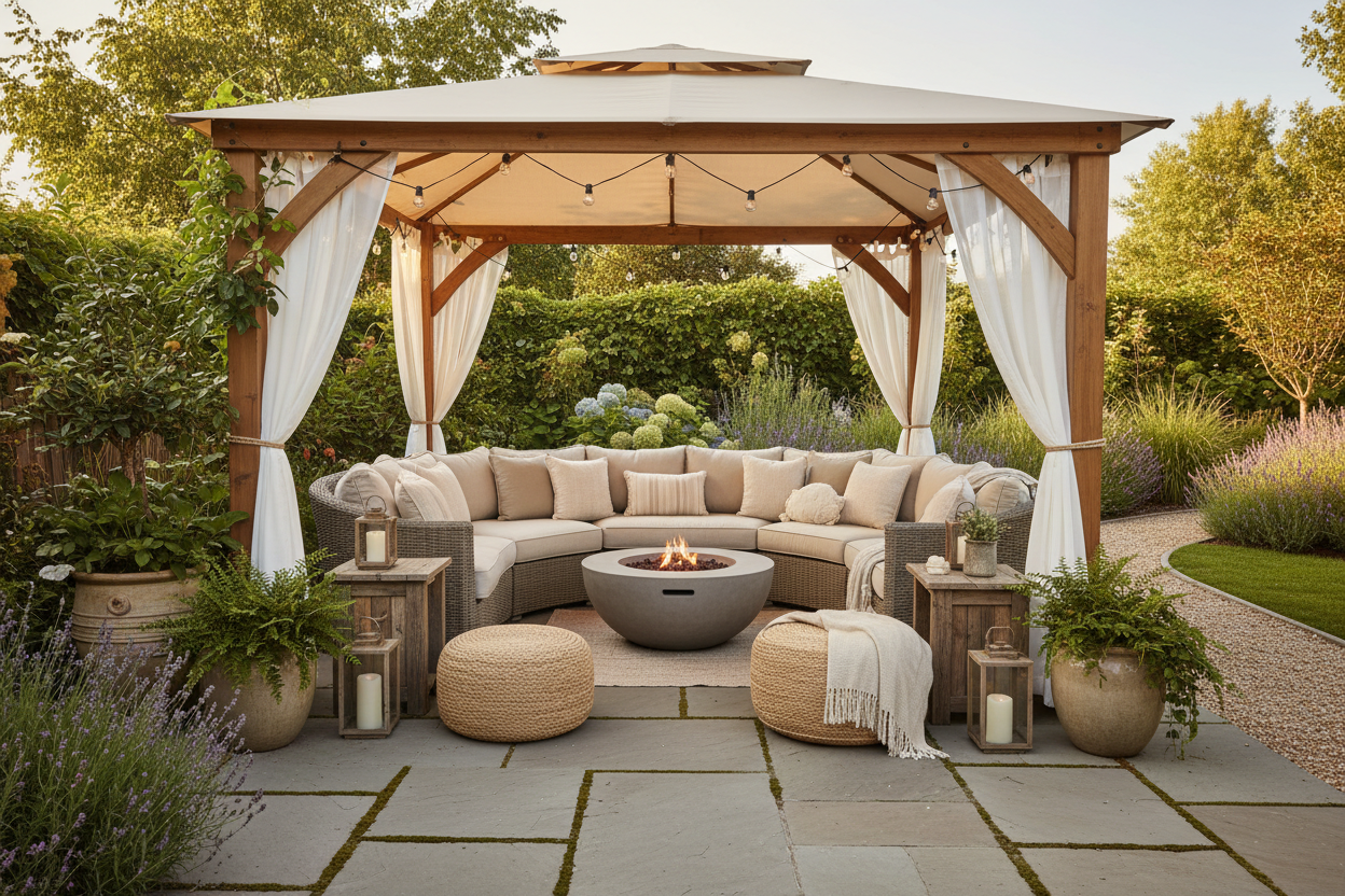 A warm, inviting outdoor backyard space designed for connection and comfort. A pergola or gazebo with soft neutral tones, comfortable seating, subtle lighting, and lush greenery surrounding the area. Calm atmosphere, soft natural light, welcoming and peaceful mood. Premium lifestyle photography. No text, no logos, no people.