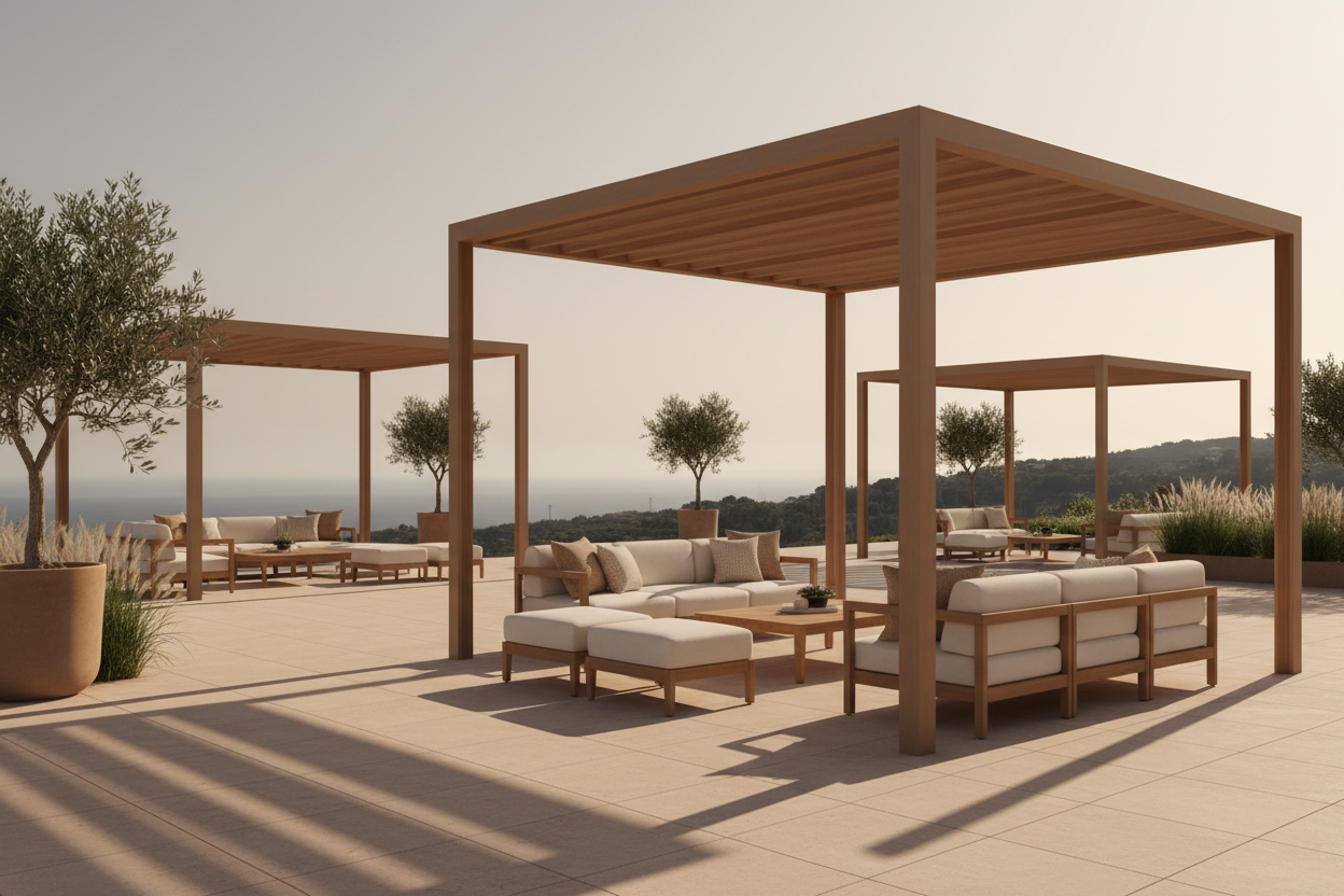 A wide-angle luxury outdoor terrace featuring modern pergolas and gazebos in warm sand and brown tones, with clean architectural lines and an open, airy structure. Cream outdoor seating beneath the pergola, natural teak accents, soft shadows, and surrounding greenery. Calm, welcoming atmosphere, premium lifestyle photography. No people, no text, no logos.