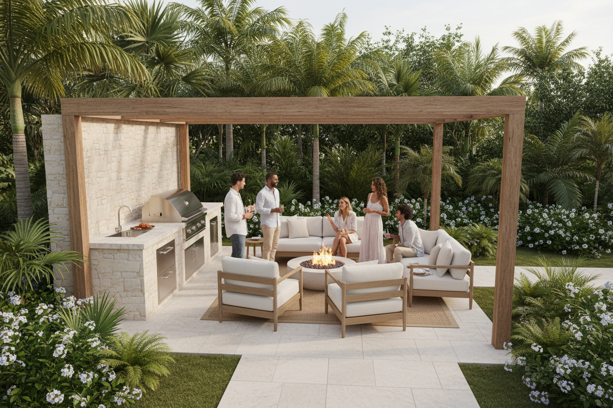 A wide-angle outdoor backyard terrace in a modern coastal-luxe style, viewed from a different angle than the main banner. A pergola in warm sand and brown tones, not closed, cream lounge seating, a built-in grill and barbecue station, and a low fire pit creating a relaxed hosting atmosphere. Lush greenery with plants and trees around the space, no ocean or sea view. A small group of people casually gathering, talking and enjoying the space. Soft natural light, open and welcoming composition