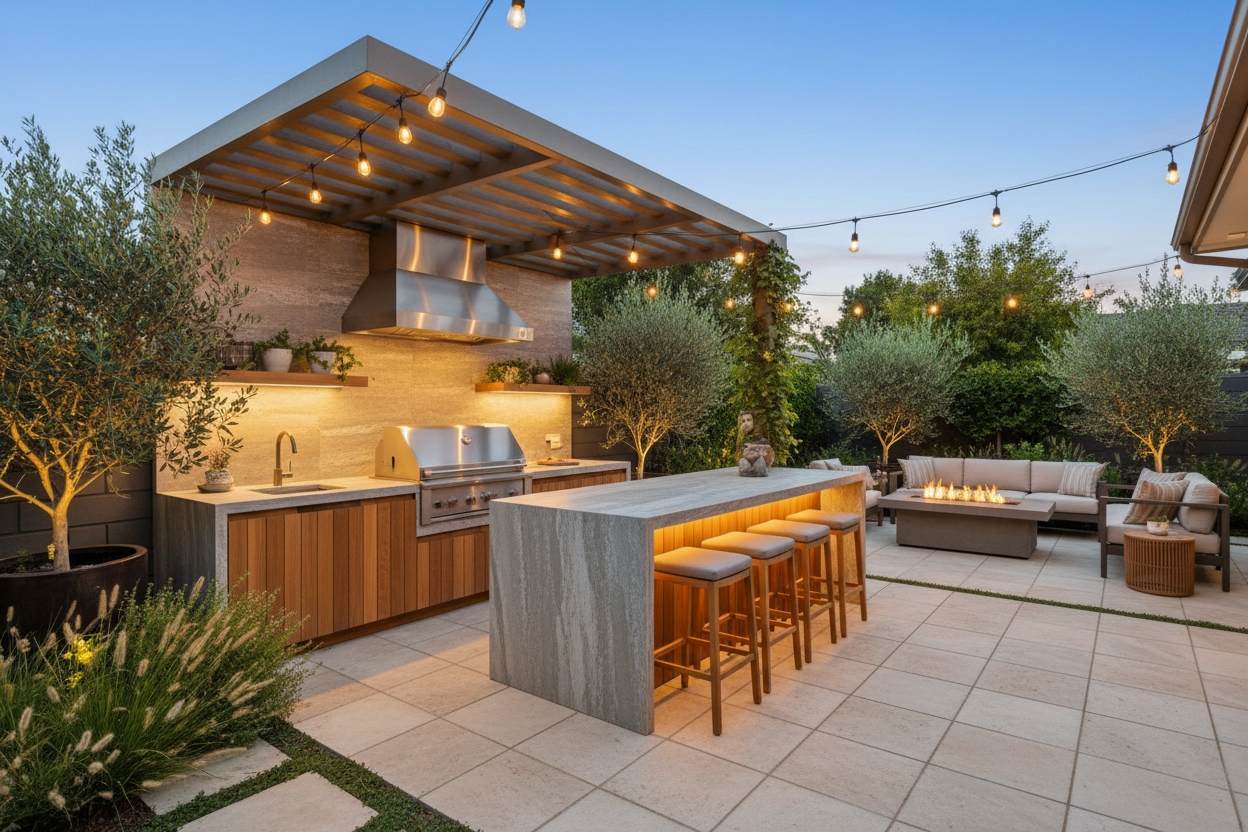 A wide-angle outdoor kitchen and barbecue area in a modern, warm backyard setting, featuring a built-in grill, outdoor kitchen counter, and prep space with natural stone and teak accents. Subtle warm lighting, clean lines, and surrounding greenery create a welcoming hosting atmosphere. Calm, premium lifestyle photography, balanced and open composition. No people, no text, no logos.