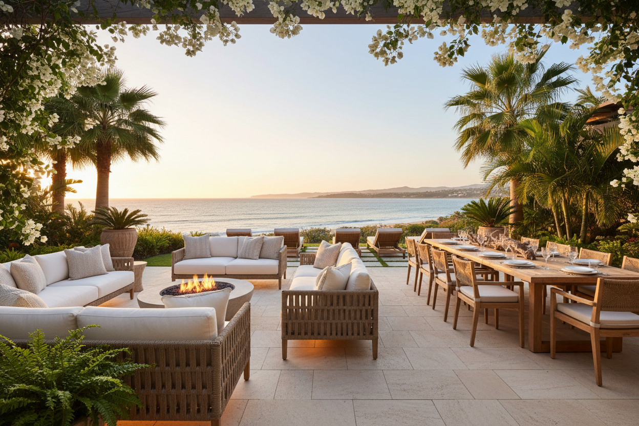 A wide-angle outdoor lounge and dining area in a modern coastal-luxe style, featuring cream outdoor sofas, comfortable lounge chairs, and a teak dining table with matching chairs. Warm natural tones, soft cushions, subtle lighting, and lush greenery surrounding the space. Calm, inviting atmosphere designed for relaxing and shared meals. Premium lifestyle photography, balanced composition. No people, no text, no logos.